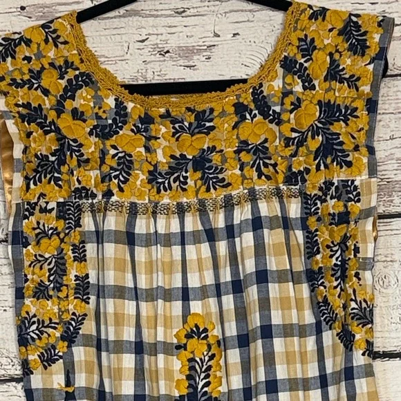 Mi Golondrina Yellow and Navy Embroidered Floral plaid dress - Picture 2 of 8